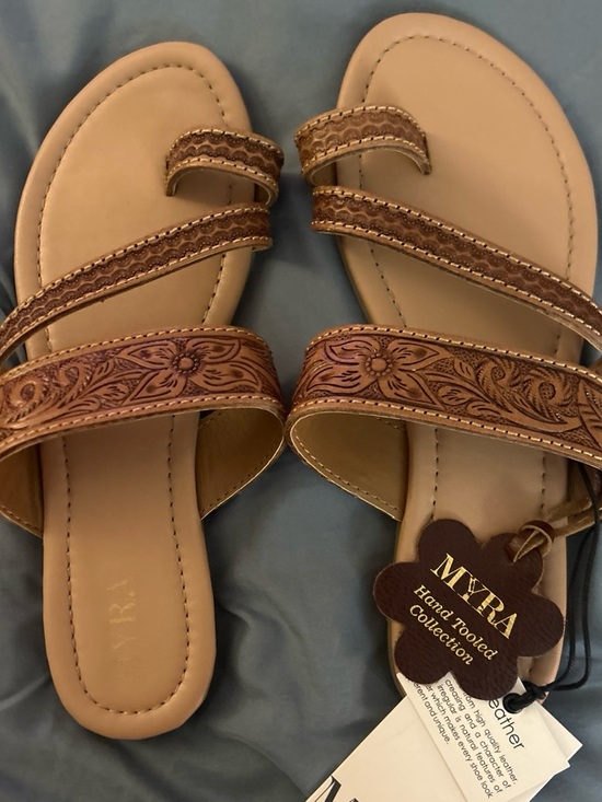 Myra Bag Shoes - Myra Bag Tan Hand-Tooled Floral Leather Strap Sandals - Women